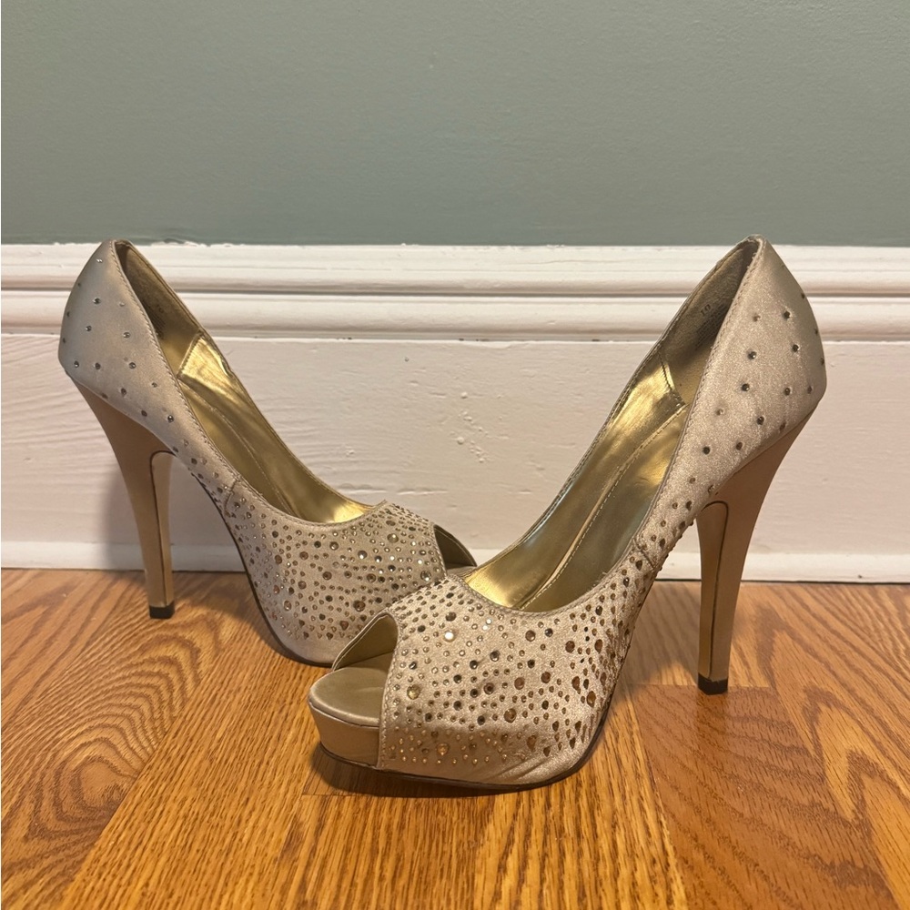 Express Gold Studded Peep-Toe Heels